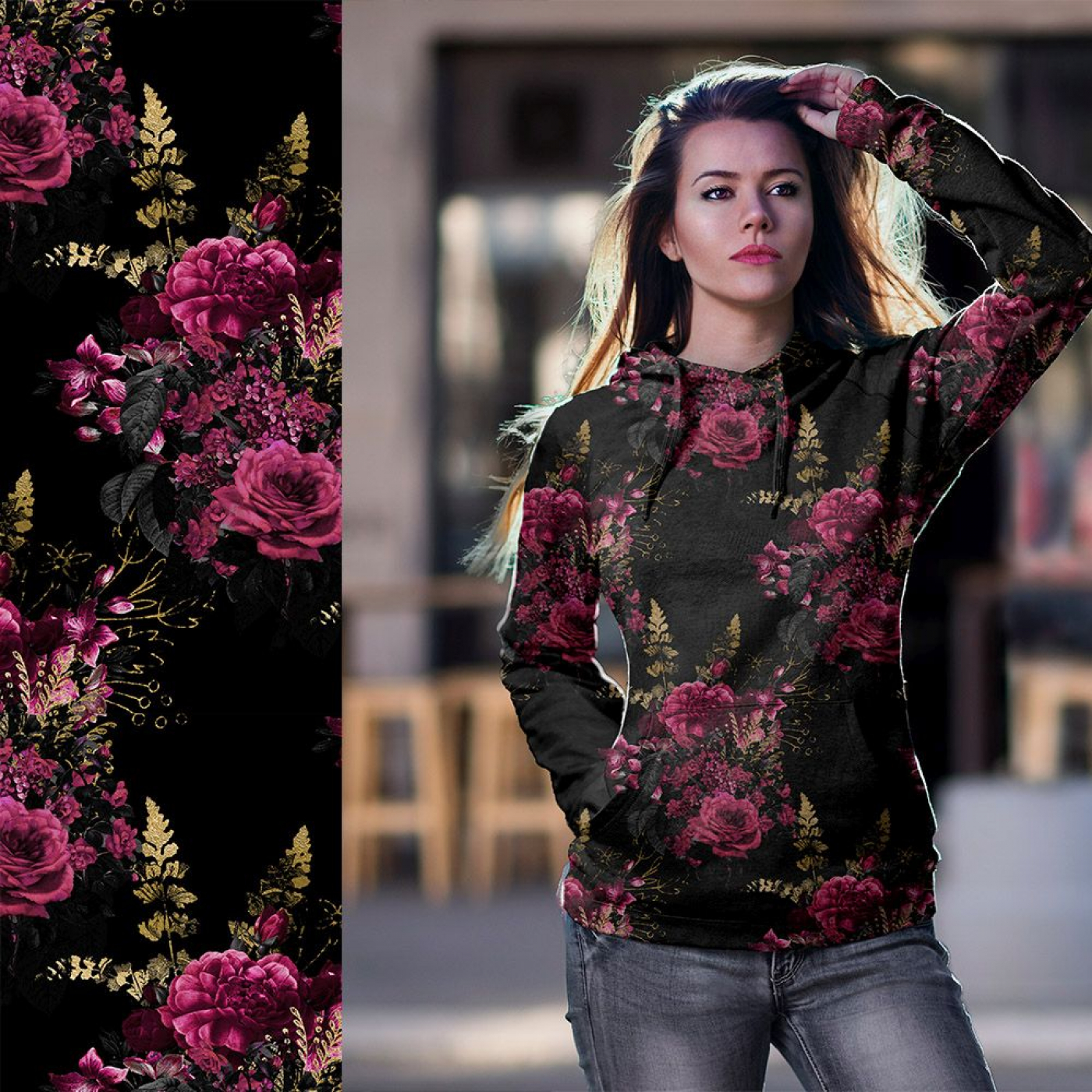 French Terry: Eigenproduktion "Flowers of the Night " von Graustufen-Stoffe